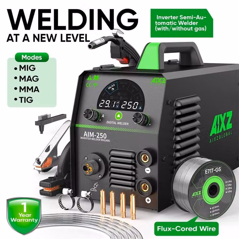 Saldatrice AIM250 - Inverter 5 in 1 MIG MAG TIG MMA - 220 V con spina UE - senza gas/MIG a gas - filo da 1–5 kg, 0,8–1,0 mm - semiautomatica