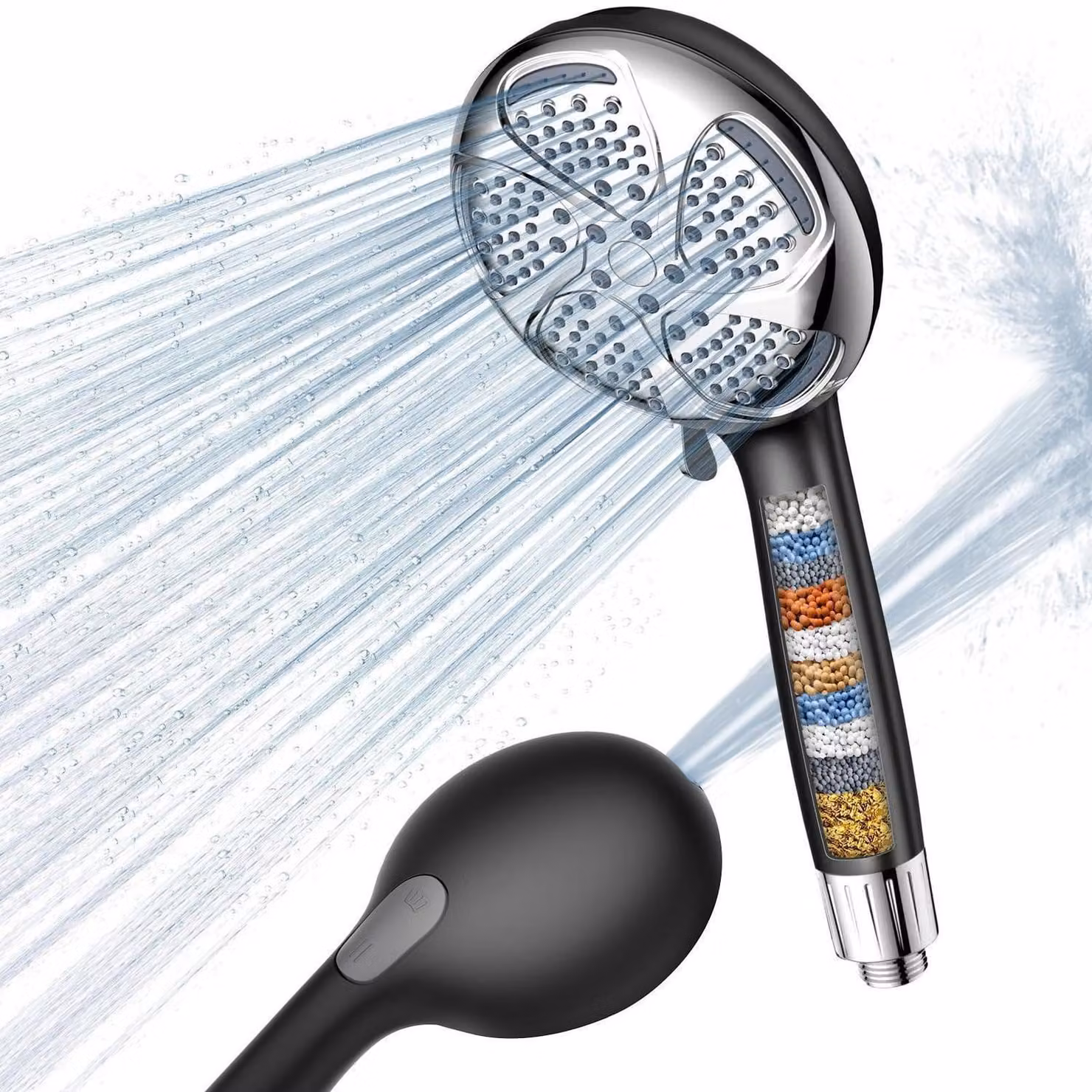 Doccia con filtro, 7 getti, a risparmio idrico, tubo da 1,5 metri, alta pressione, materiale: ABS, colore: nero