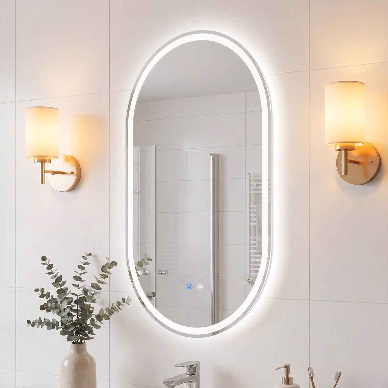 Specchio da bagno illuminato Costway con LED regolabile e funzione anti-appannamento in vetro temperato, L 90 cm x H 55 cm