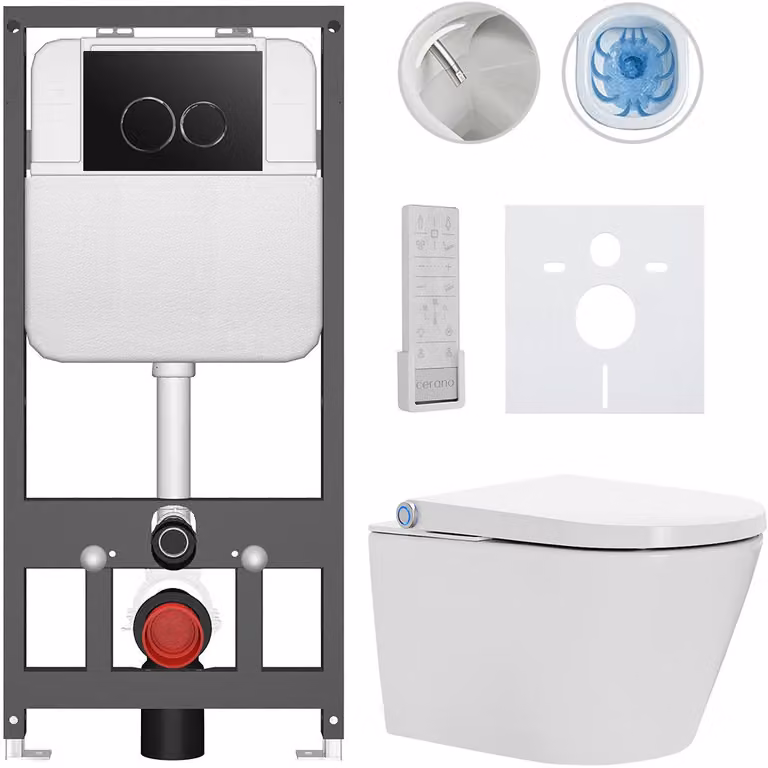 CERANO - WC sospeso con bidet Cronus Pro - bianco lucido - pulsante Prime/Dualo, nero - sospeso - installazione a parete/cartongesso - 59,3 x 38,4 cm