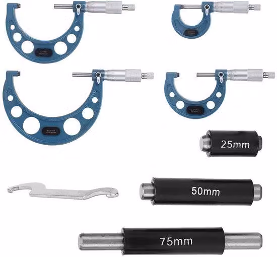 Micrometro metrico da 0 a 100 mm, alta precisione 0,01 mm, composto da 4 pezzi, con custodia, ideale per misurazioni di lunghezza, diametro e spessore