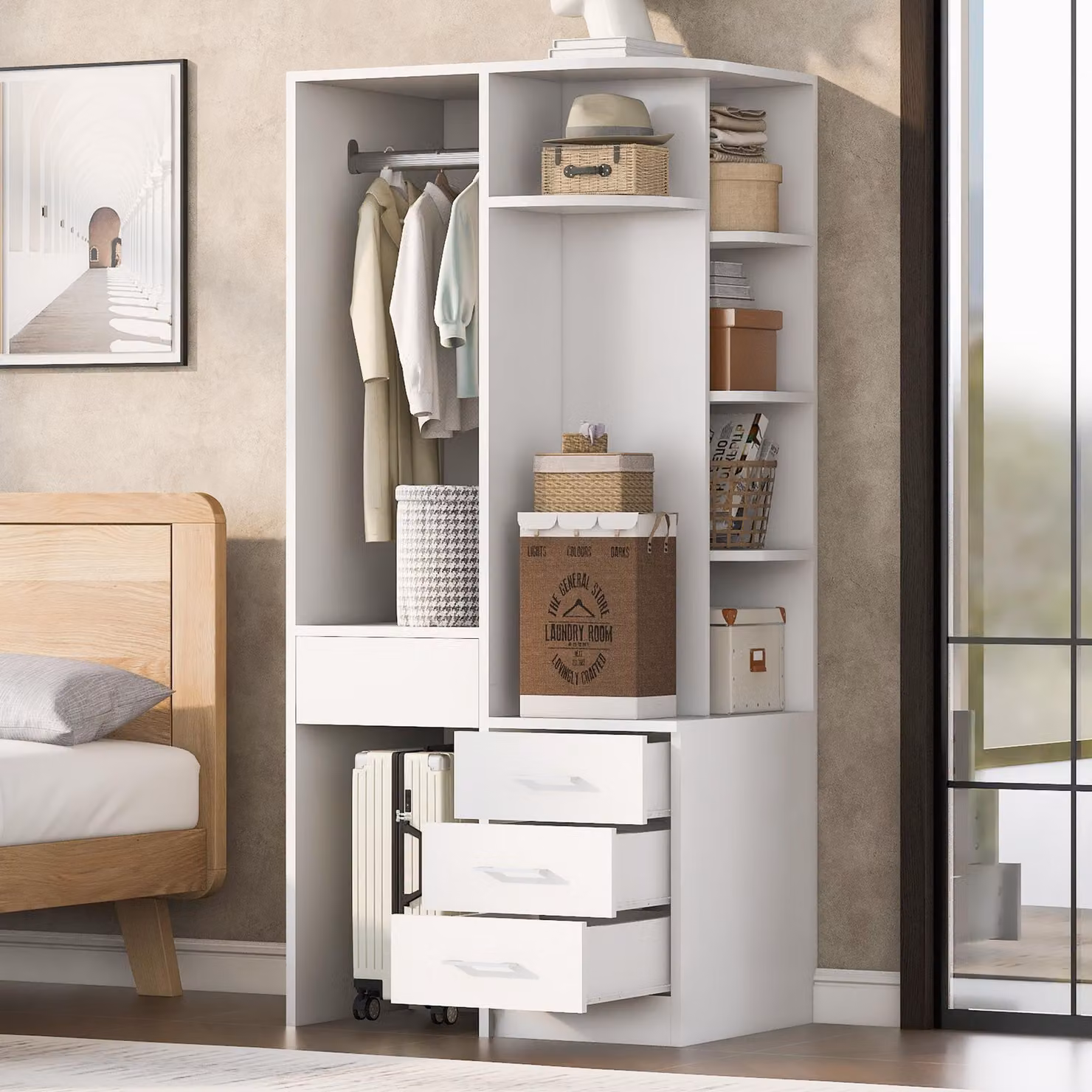 Armadio Merax con porta e ripiani, armadio da camera da letto con asta appendiabiti, cassetti, mobile contenitore, ideale per la cameretta, colore bianco