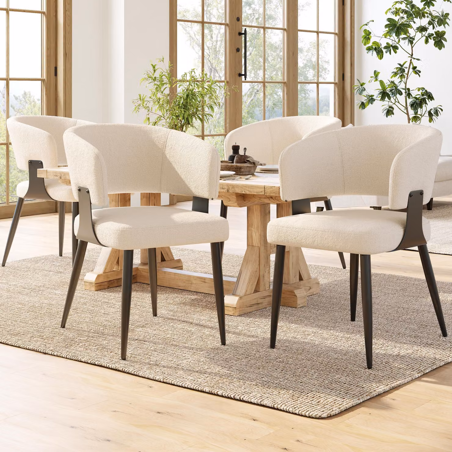 Set di 4 sedie da pranzo Flieks, sedia da pranzo in tessuto di agnello, sedia da cucina imbottita con schienale, sedia da trucco beige