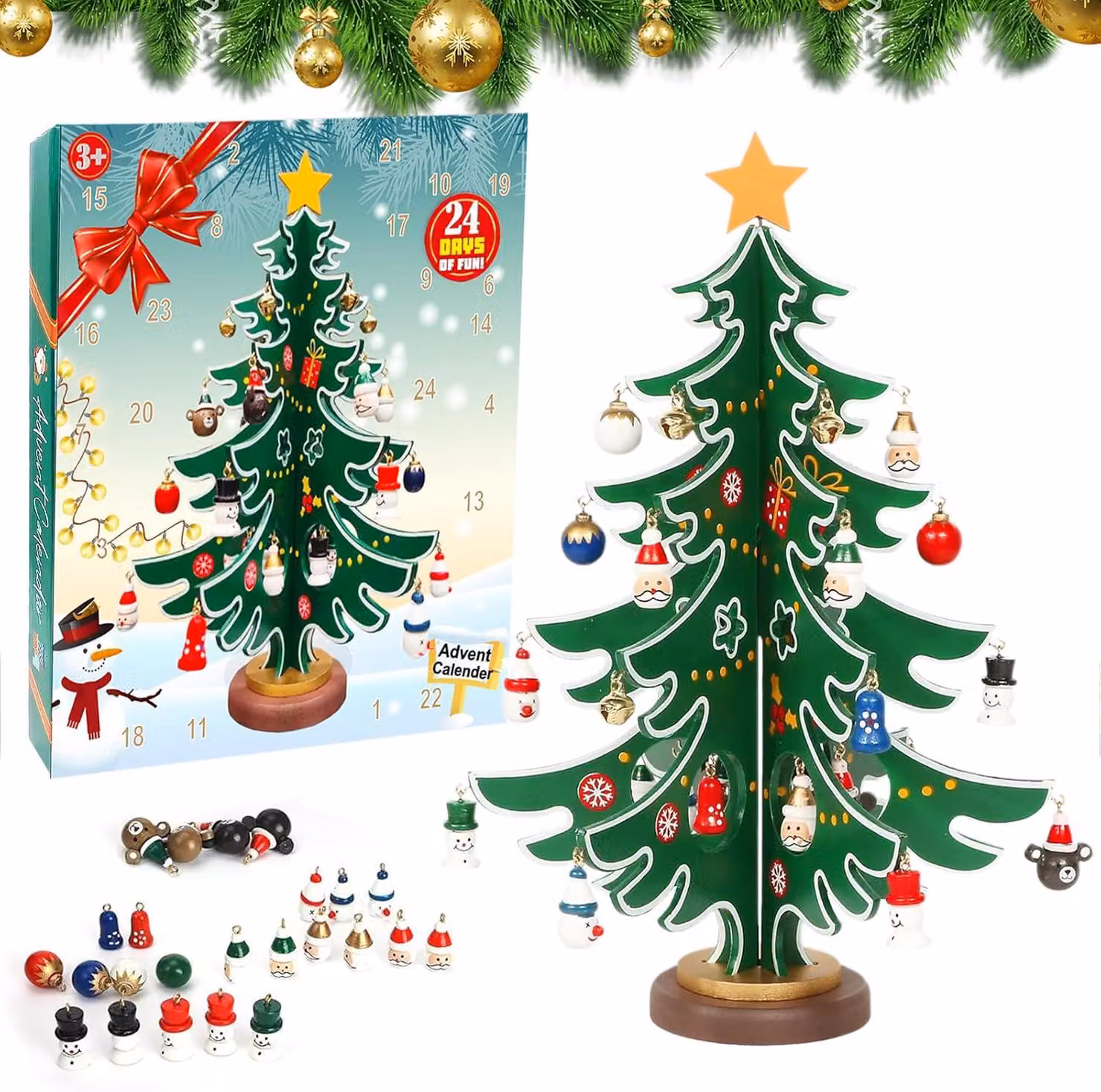 Calendario dell'Avvento 2025 - Albero di Natale in legno - 28 cm - Conto alla rovescia - Calendario dell'Avvento di Natale con 24 giorni - Ideale per sorprese natalizie - Albero di Natale da assemblare