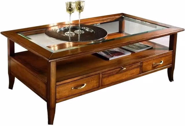 Tavolino rettangolare classico in legno e vetro con piano trasparente Mobili 2G L: 130 cm, P: 70 cm, H: 48 cm – 1