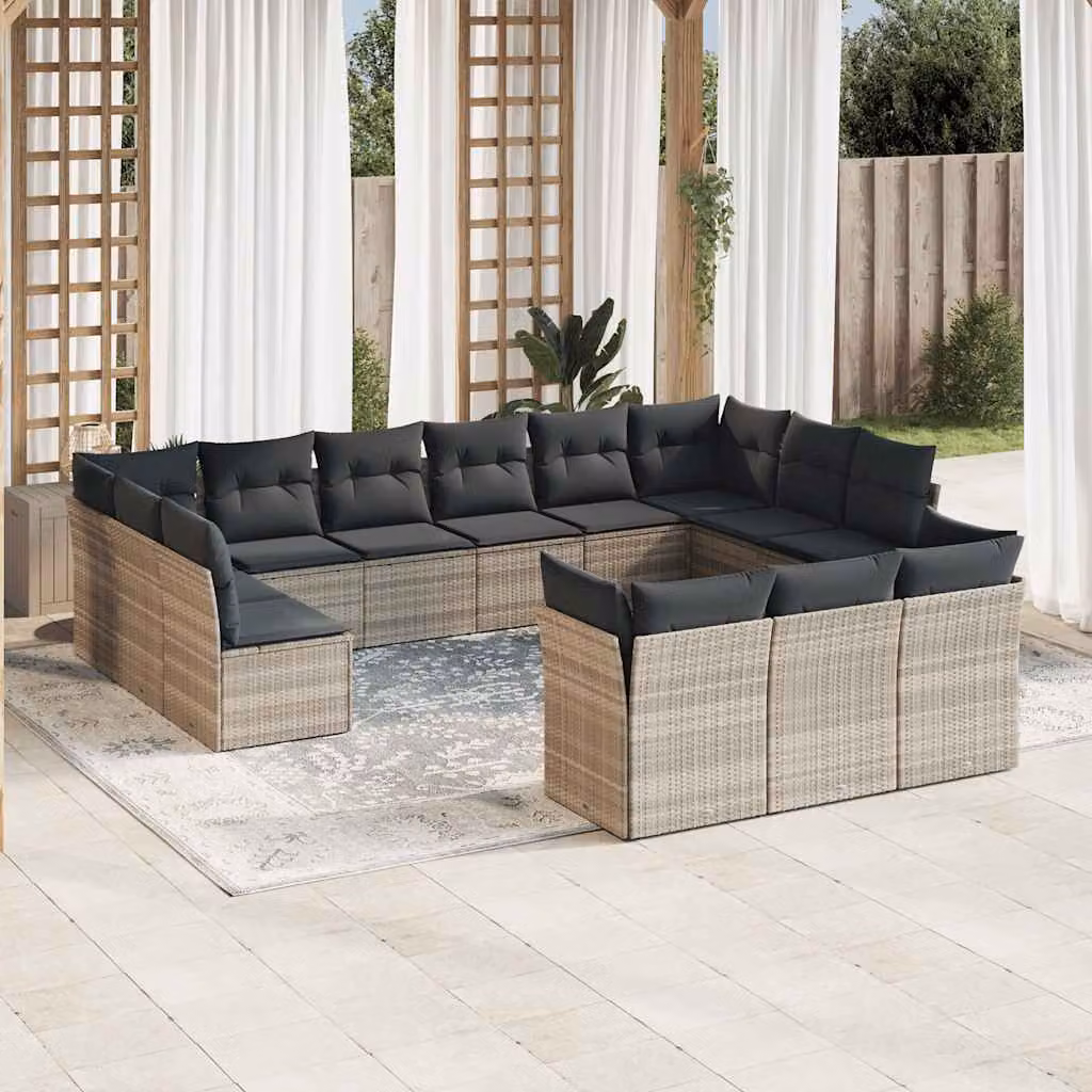 vidaXL Set Divani da Giardino a Forma di U in Polyrattan con Cuscini Grigio Chiaro e Struttura in Metallo – 1