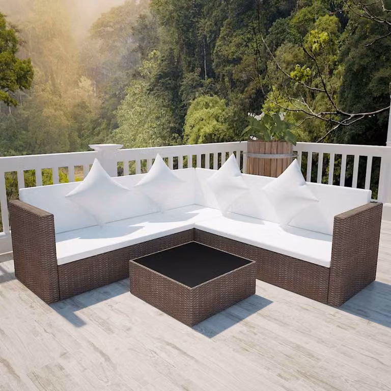 Set da giardino vidaXL 4 pezzi in rattan marrone con cuscini bianchi e tavolino in vetro
