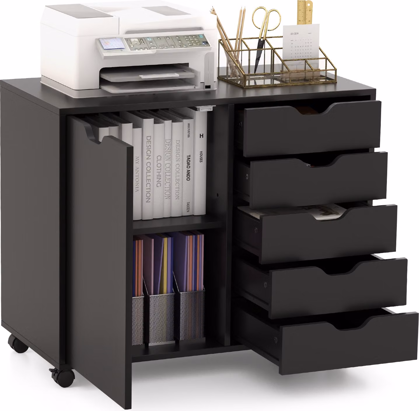 COSTWAY Cassettiera a 5 cassetti con anta, Cassettiera mobile con ripiano regolabile Armadio per archiviazione Supporto per stampante con 5 rotelle nero