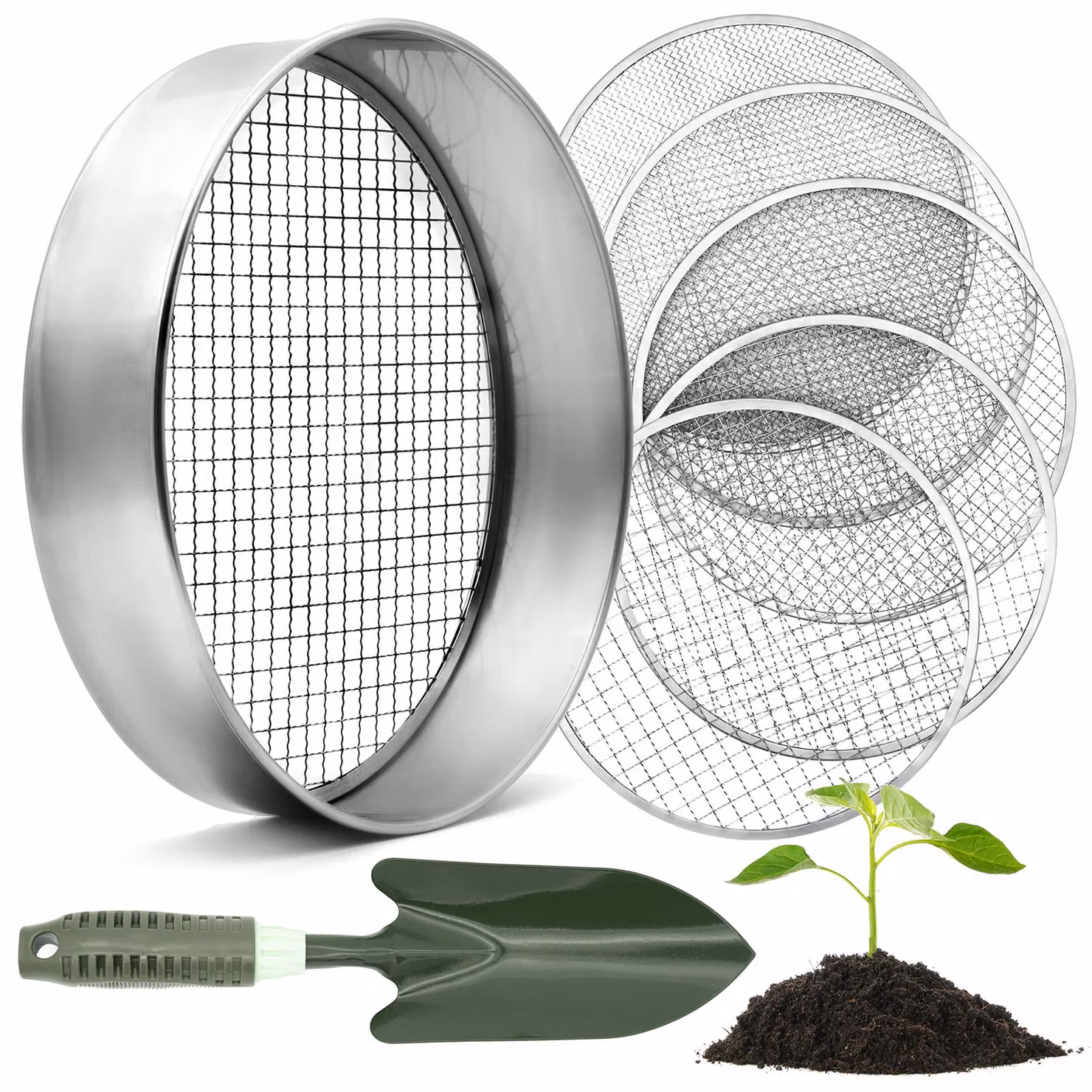 Setaccio da giardino da 30 cm, con 5 setacci intercambiabili, in acciaio inossidabile, completo di paletta da giardino, ideale per la terra