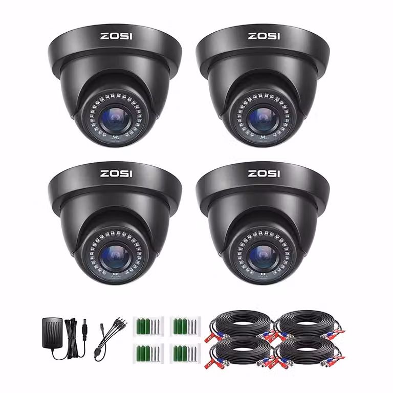 ZOSI Set di 4 telecamere di sicurezza, risoluzione HD 1080P, visione notturna fino a 24 metri, nero