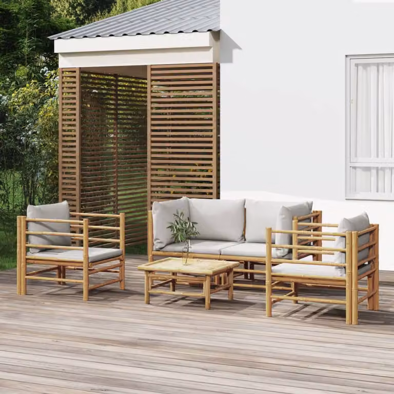 Set Salotto da Giardino vidaXL 5 Pezzi in Bambu con Cuscini Grigio Chiaro e Tavolino da Esterno