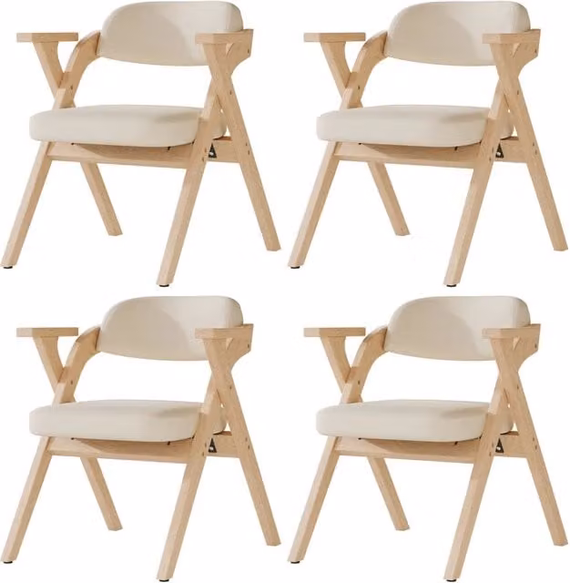 Set di 4 Sedie Pieghevoli da Pranzo in Legno Massiccio con Cuscino in Lino Beige, Design Moderno e Salvaspazio