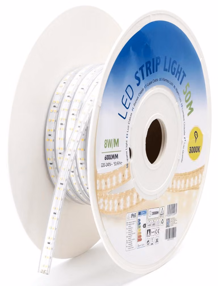 Strisce LED da 50 metri, 10 mm di larghezza, luce giallo caldo, per interni ed esterni