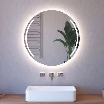 Specchio da bagno rotondo con illuminazione LED perimetrale e doppia sabbiatura ad arco, diametro: 90 cm, colore argento – 1