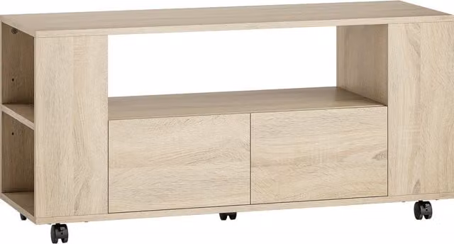 Mobile Porta TV HOMCOM in legno con ruote girevoli e freno, ripiani regolabili e cassetti, L: 102 cm, P: 34.5 cm, H: 48.5 cm, marrone e beige