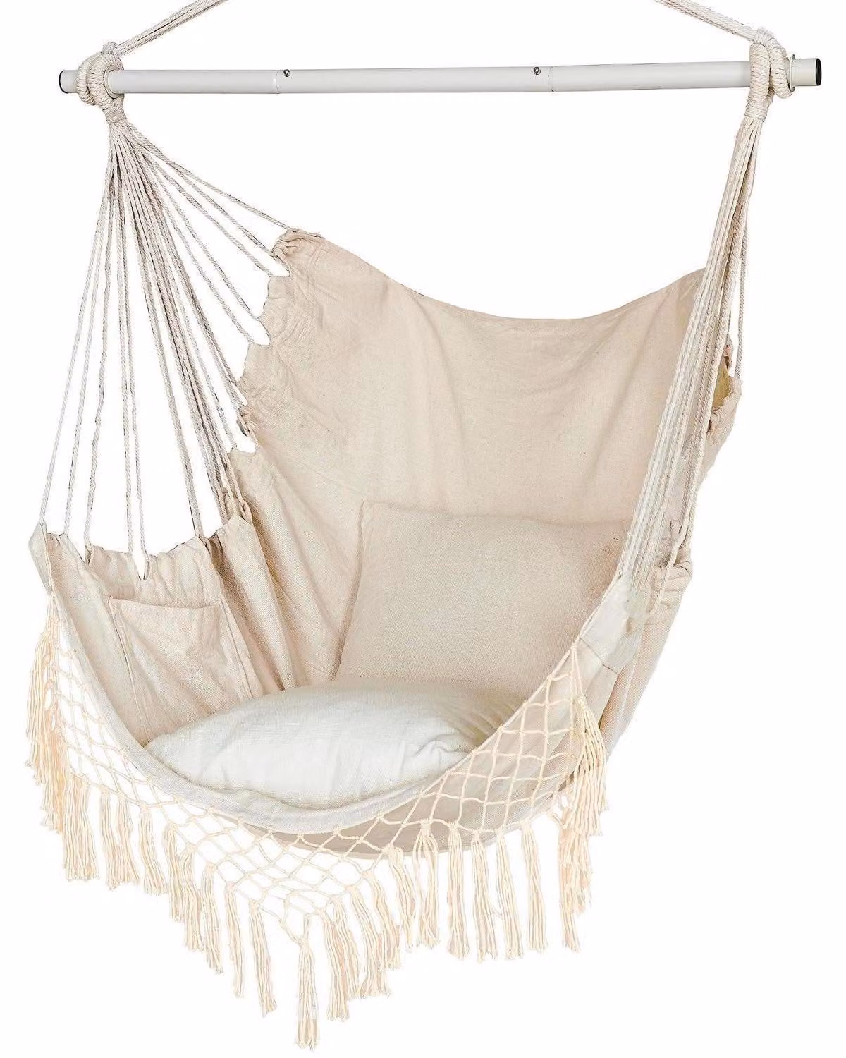 Sedia a dondolo sospesa, adatta sia per interni che per esterni, con 2 cuscini, portata massima 150 kg, color beige