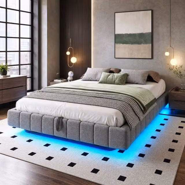 Letto imbottito REDOM grigio con contenitore a sollevamento e illuminazione LED L/P: 160 x 200 cm – 1