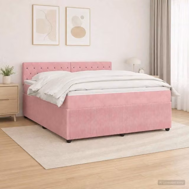 Letto box spring con materasso ibrido vidaXL in velluto rosa e bianco con base a sollevamento, illuminazione sottostante e porta USB, L/P: 140 x 190 cm