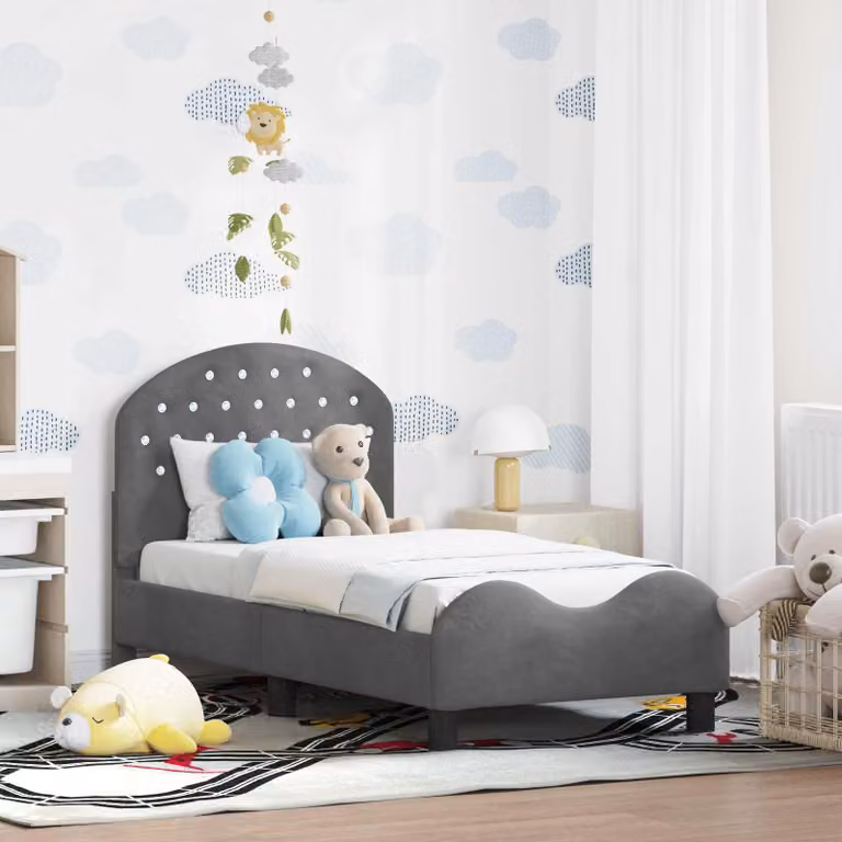 Struttura letto per bambini vidaXL in velluto grigio con testata e doghe in legno, L/P/H: 140 x 70 x 79 cm