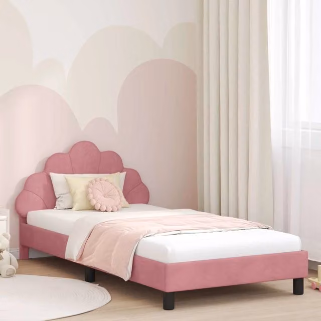 Struttura letto per bambini con testata e giroletto in velluto rosa, L/P/H: 90 x 190 x 80 cm