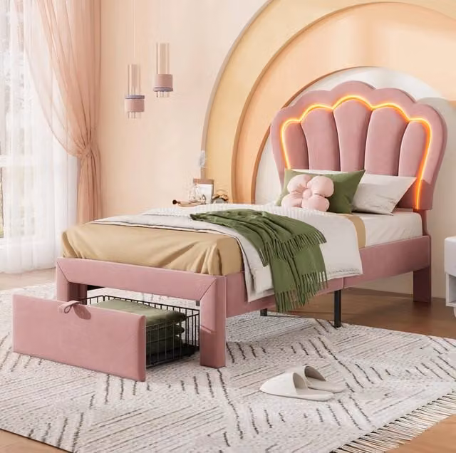 Letto imbottito 90x200 cm con LED RGB; cassetto e testiera regolabile in velluto rosa