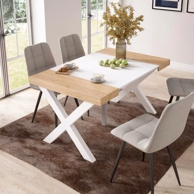 Consolle allungabile, 58 fino 140x90x73cm, Per 6 persone, Gambe in legno, colore Rovere e bianco RF2720
