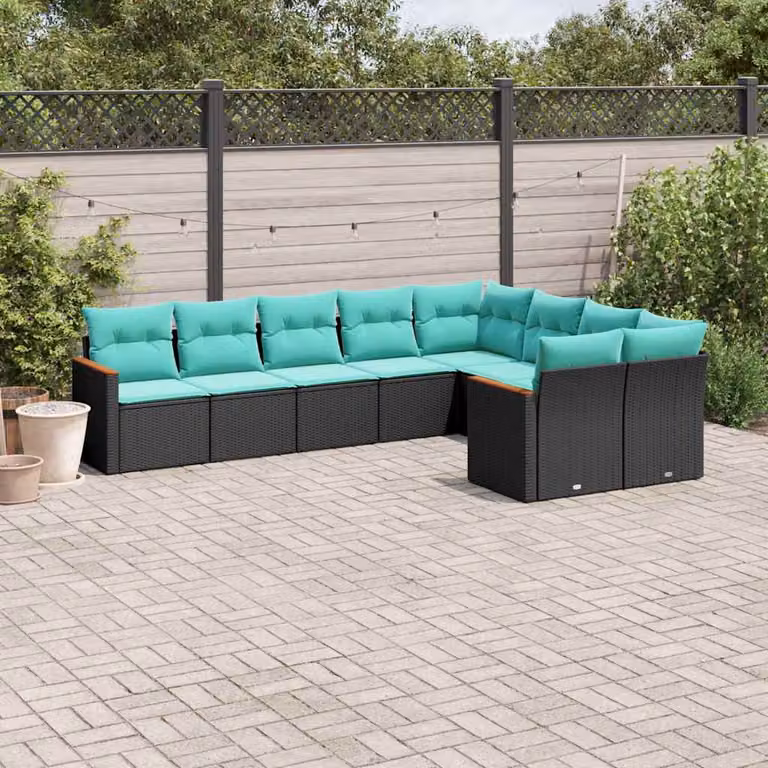 Set di divani da giardino vidaXL in rattan e metallo nero con 9 pezzi e cuscini inclusi