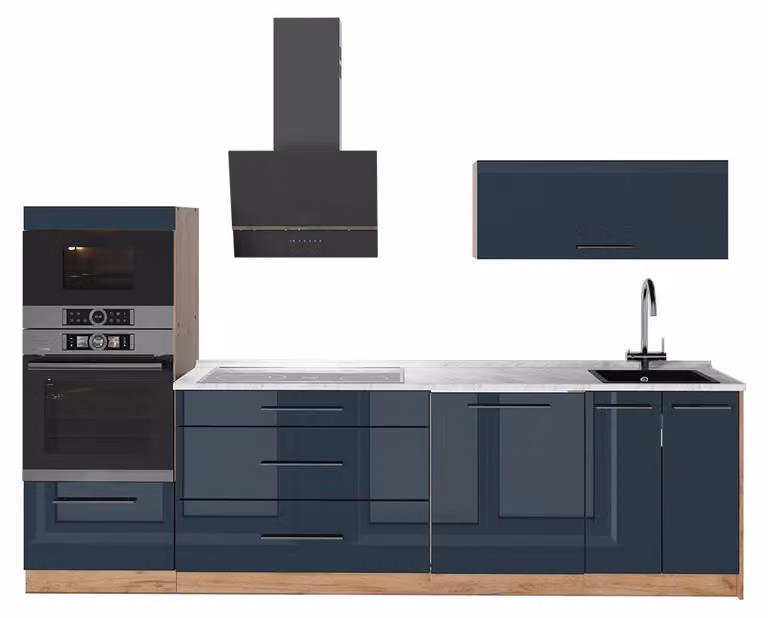 Cucina componibile Vicco Fame-Line Blu scuro lucido/Rovere dorato 280 cm, PL Marmo, Model 65760