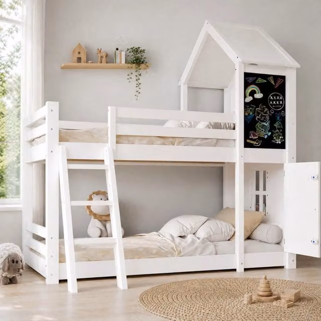 Letto a castello Mivray per bambini con struttura a casetta, tetto, finestre, lavagna e scala inclinata, colore bianco, L/P/H: 200 x 90 x 205 cm