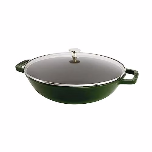 STAUB Wok in ghisa con coperchio in vetro, 30 cm, interno smaltato, per tutti i tipi di fornelli e induzione, verde basilico