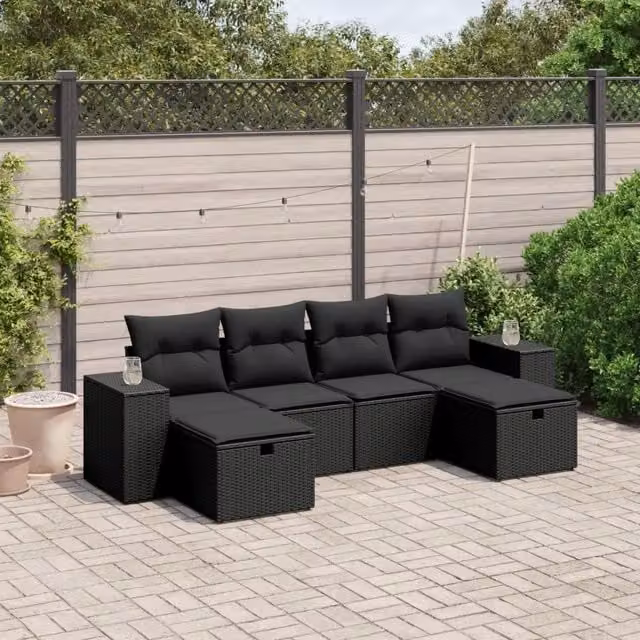 Set Divano da Giardino 6 pz con Cuscini Nero in Polyrattan 3264471