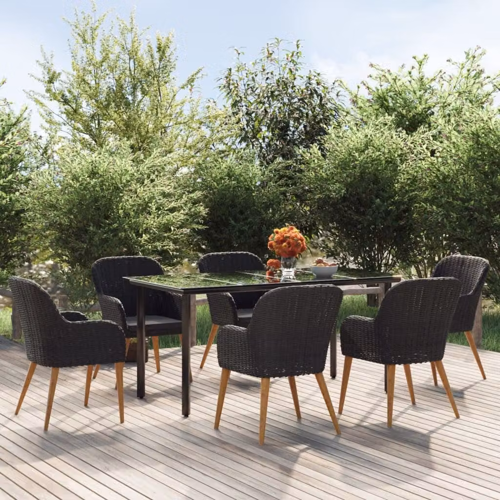Set da pranzo da giardino vidaXL in legno di acacia e acciaio nero con cuscini grigi, 7 pezzi