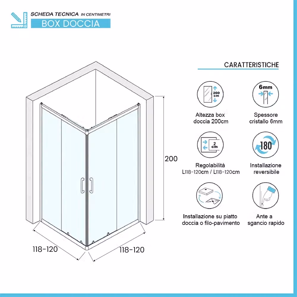 Box doccia d'angolo Ted con doppio sistema scorrevole, vetro trasparente, L 120 cm x P 120 cm x H 200 cm – 2