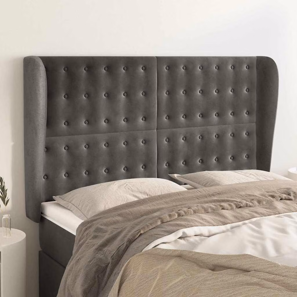 Testiera ad orecchio vidaXL in velluto grigio scuro, L/P/H: 147 x 23 x 118/128 cm