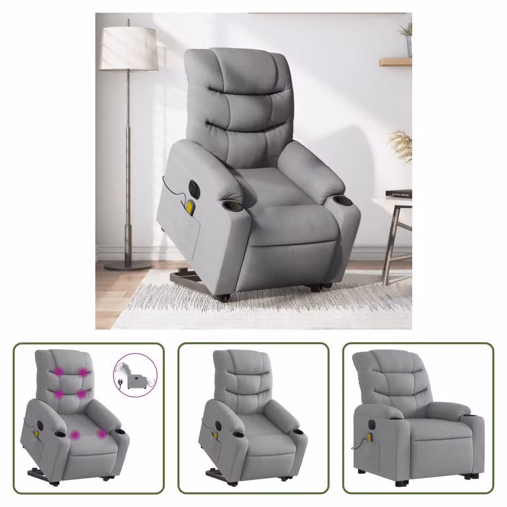 The Living Store Poltrona massaggiante elettrica con ausilio per la posizione eretta Tessuto grigio chiaro