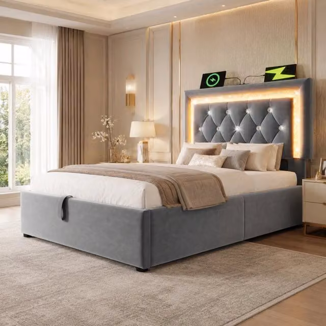 Letto singolo con contenitore Mivray in velluto grigio con illuminazione LED e porte USB/USB-C, L/P/H: 90 x 200 x 109 cm – 1