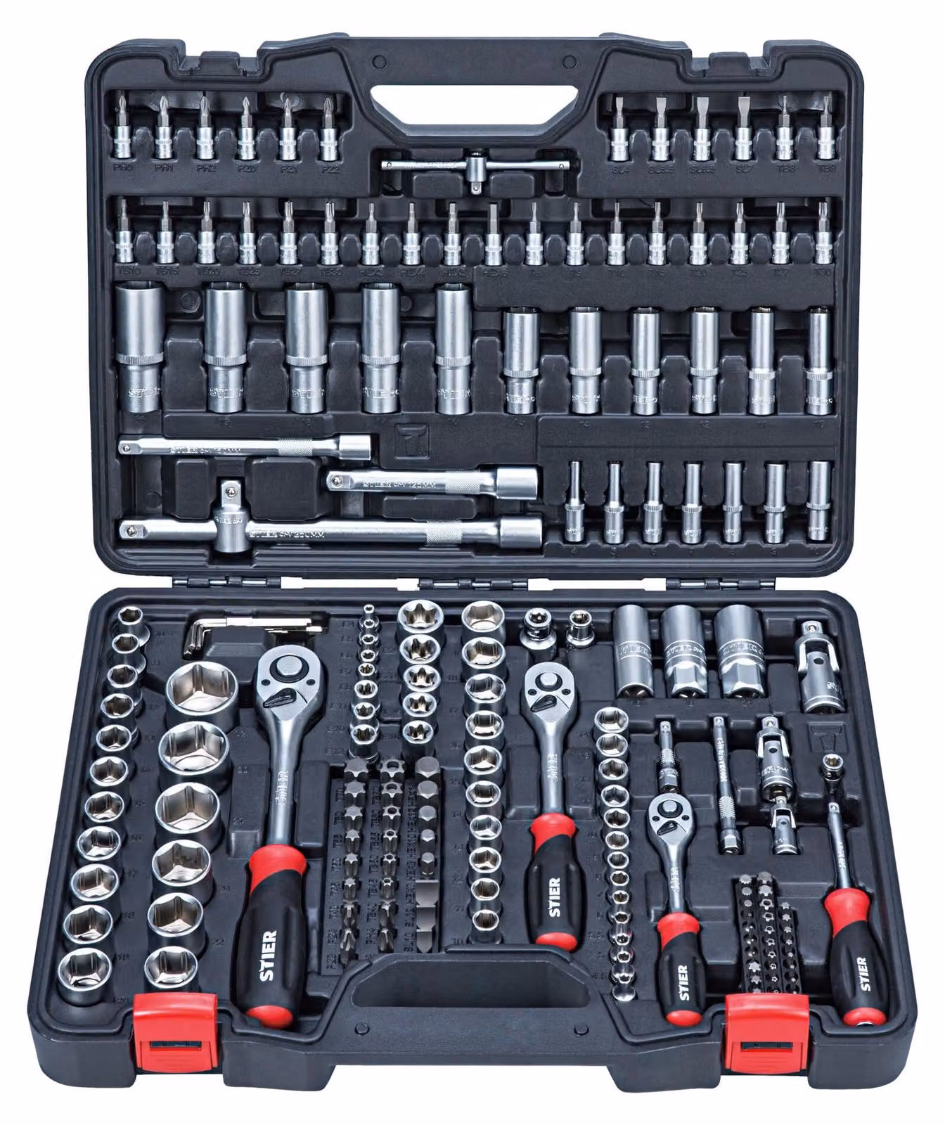 Set di chiavi a bussola e bit STIER | 179 pezzi | Chiave a cricchetto | Kit di utensili combinati con bit | Set di chiavi a bussola | Presa per candela | Torx Phillips Pozidriv