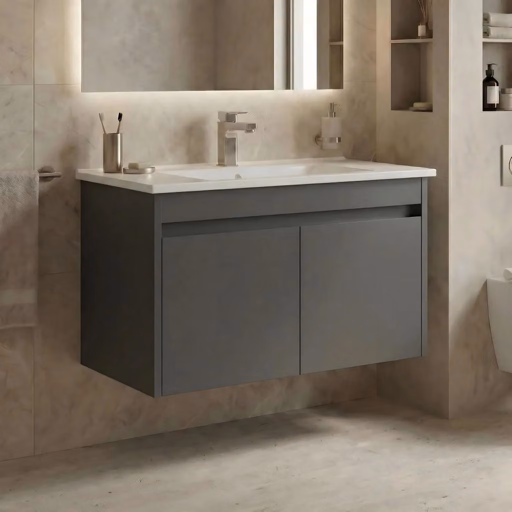 Mobile lavabo moderno Hanah Home in MDF grigio lucido con ante soft close, L: 85 cm, P: 45 cm, H: 52 cm – 2