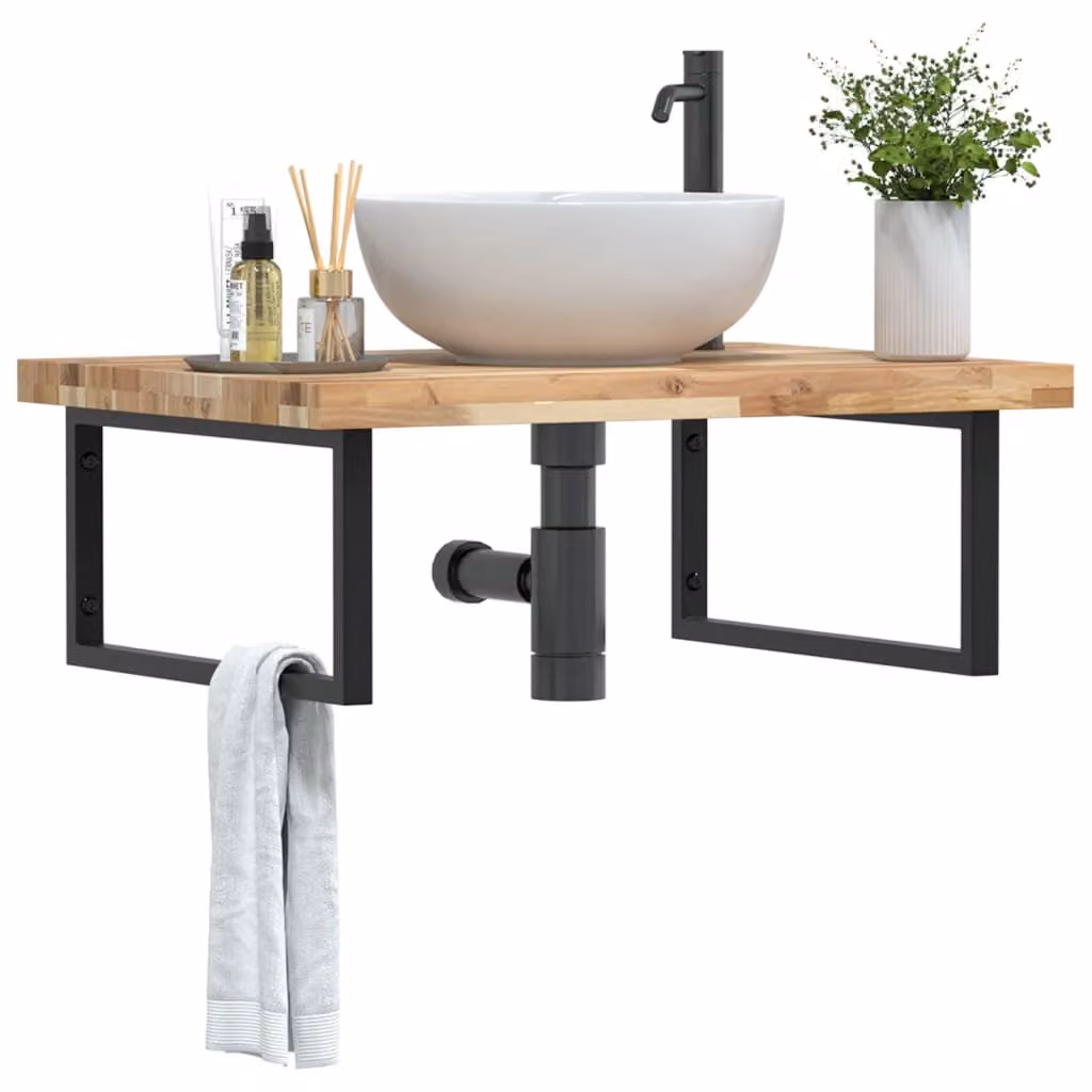 vidaXL Ripiano a Parete per Lavabo in Legno di Acacia e Metallo, Nero e Marrone