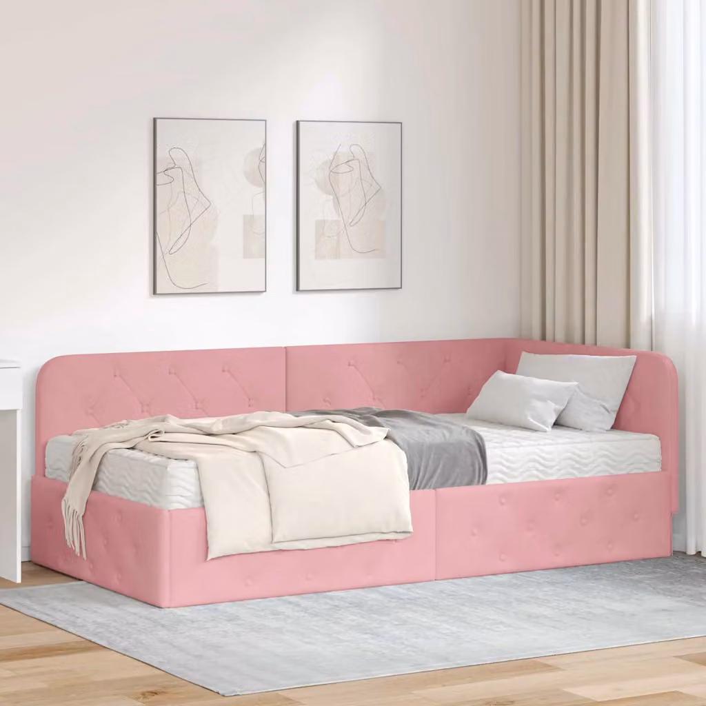 Cornice del letto ad angolo vidaXL in velluto rosa, L/P/H: 200 x 90 x 72 cm