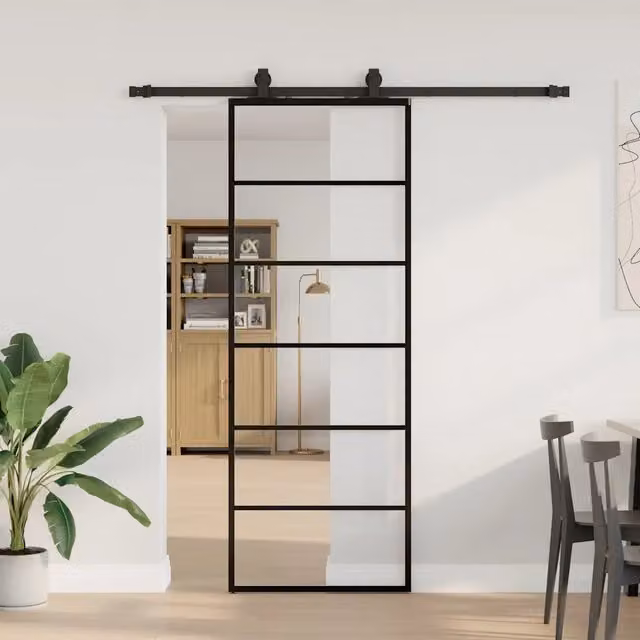 Porta Scorrevole Moderna VIDAXL in Vetro Trasparente con Telaio in Alluminio Nero L: 76 cm, H: 205 cm