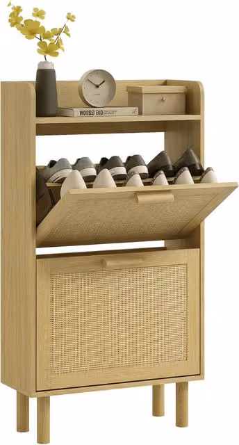 Scarpiera Minimal con 2 ante e ripiani in effetto rotin beige e bianco L: 80 cm, P: 24.5 cm, H: 110 cm