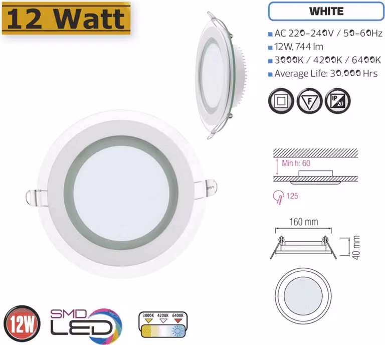 12W LED pannello di vetro faretto da incasso Ø160x160mm bianco freddo 6500K plafoniera illuminazione da incasso rotonda