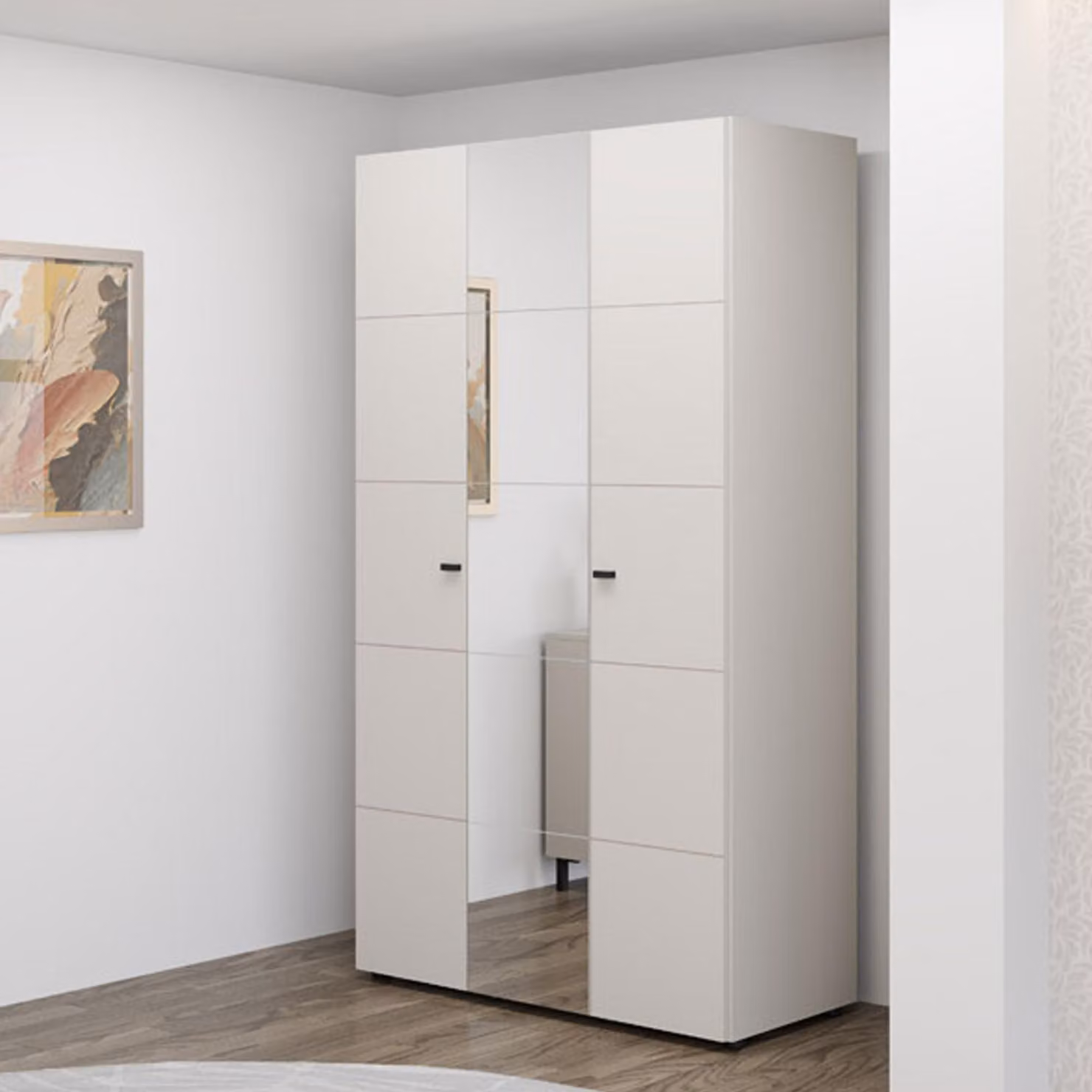 Ouarza - Guardaroba 3 Ante, 117x52 cm Bianco Crema, Appendiabiti