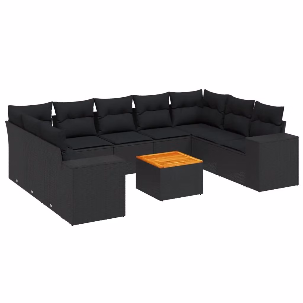 vidaXL Set Divani da Giardino 10pz in Polyrattan Nero con Cuscini e Tavolino da Esterno – 2
