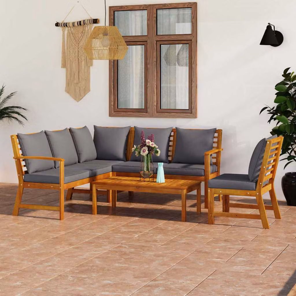Set di Divani da Giardino vidaXL 5 Pezzi in Legno di Acacia con Cuscini Grigi e Tavolino da Esterno – 1