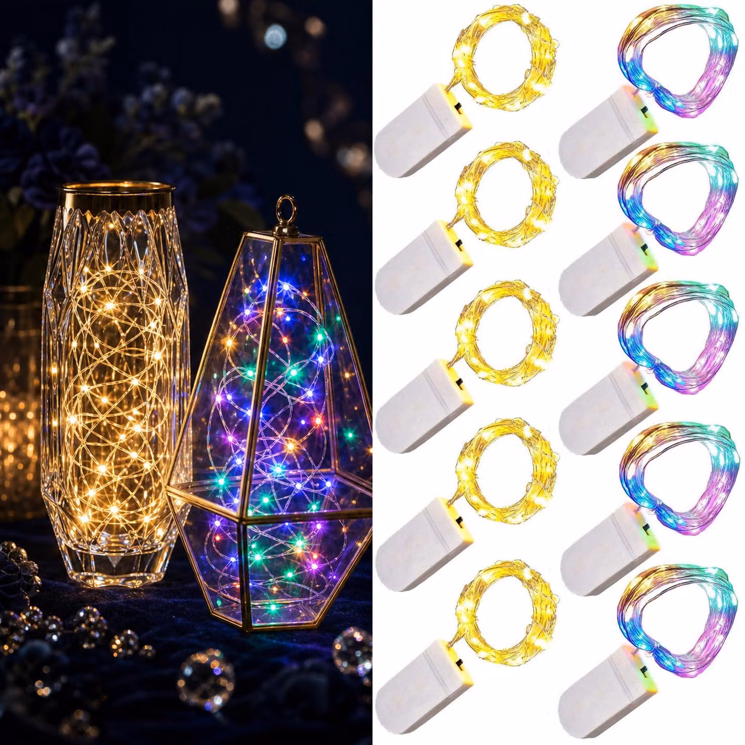 Catena luminosa a LED, confezione da 10, lunghezza 1 metro, 10 LED, colori assortiti/bianco caldo, grado di protezione IP65