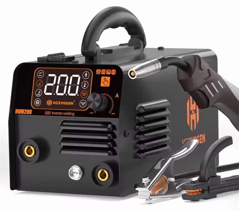 Saldatrice MIG HVM200 - 3 in 1 (MIG/MMA/TIG Lift) - Controllo sinergico - Funzionamento senza gas per filo di saldatura da 0,8/1,0 mm - 120A - Inverter IGBT - 220–240V, spina europea