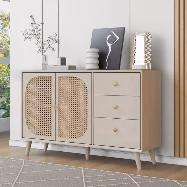 Credenza e madia moderna con 2 ante in rattan e 3 cassetti a pressione per soggiorno e cucina, colore bianco, L 120 cm x P 40 cm x H 82,5 cm – 1