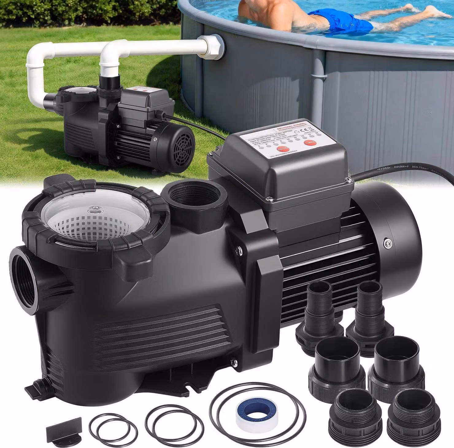 Pompa per piscina / pompa filtro - Pompa per piscina monostadio - 550 W - 14.000 L/h - 12 m di prevalenza - 3450 giri/min - Timer 24 ore e cestello filtro - Per piscine fuori terra e interrate